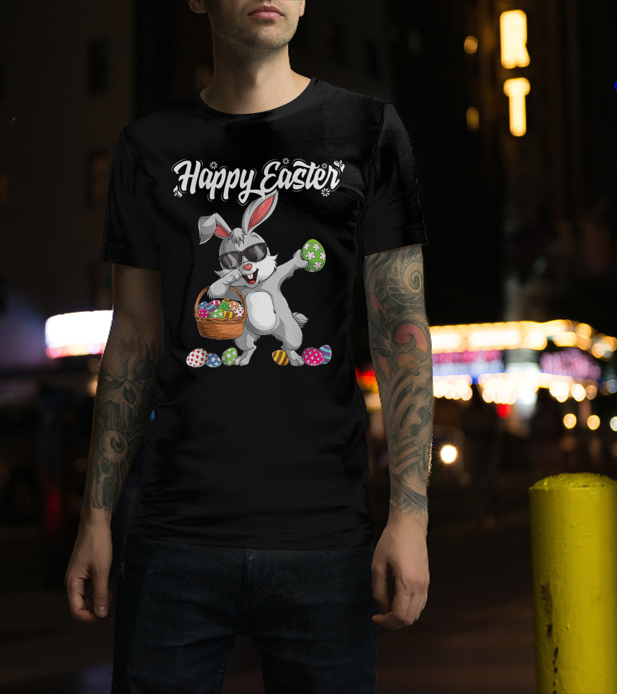 Happy Easter Dabbing Rabbit With Basket And Eggs T-Shirt