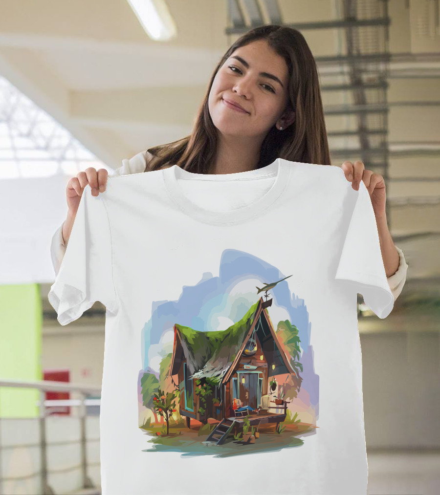 Dream House with Grass Roof and Airplane Sky Scene T-Shirt