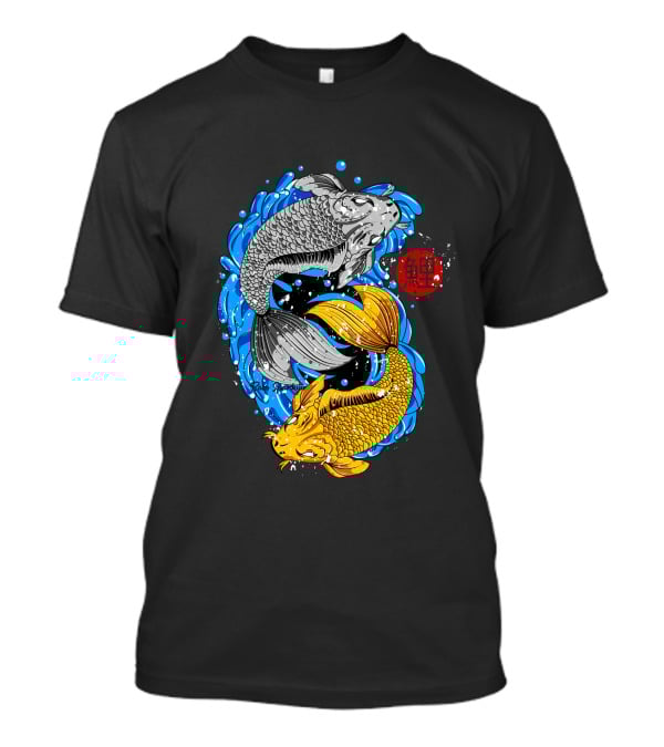Koi Fish Yin Yang With Blue Water And Red Japanese T-Shirt