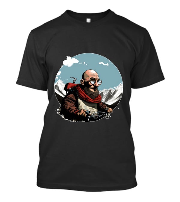 Bald Man On Motorcycle Through Mountain Landscape With Red Scarf And Glasses T-Shirt