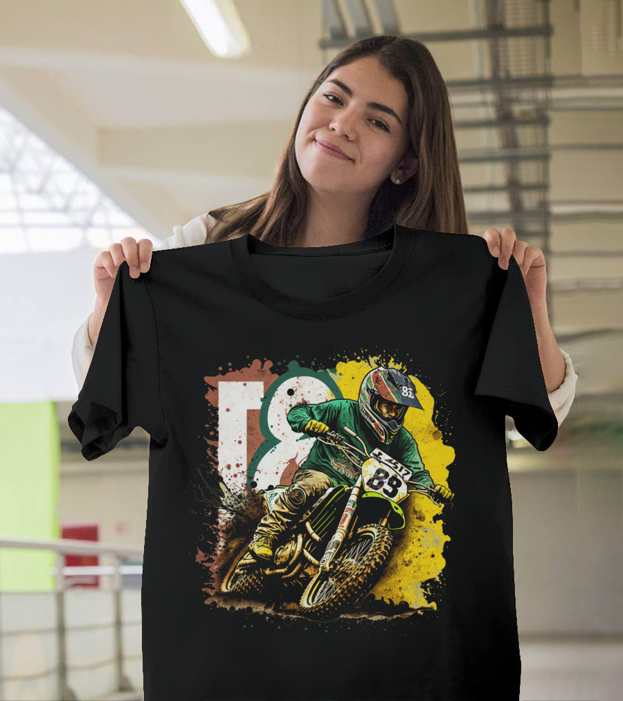 Motocross Racer Dynamic Action With Number 83 And Splatter Background T-Shirt