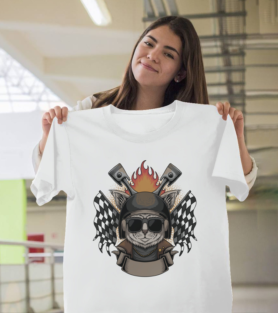 Cat Helmet Motorcycle Flames Checkered Flags Emblem T-Shirt