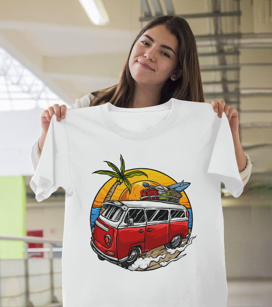 Holiday Vintage Car With Sunset Surfboard And Palm Tree Beach Scene T-Shirt