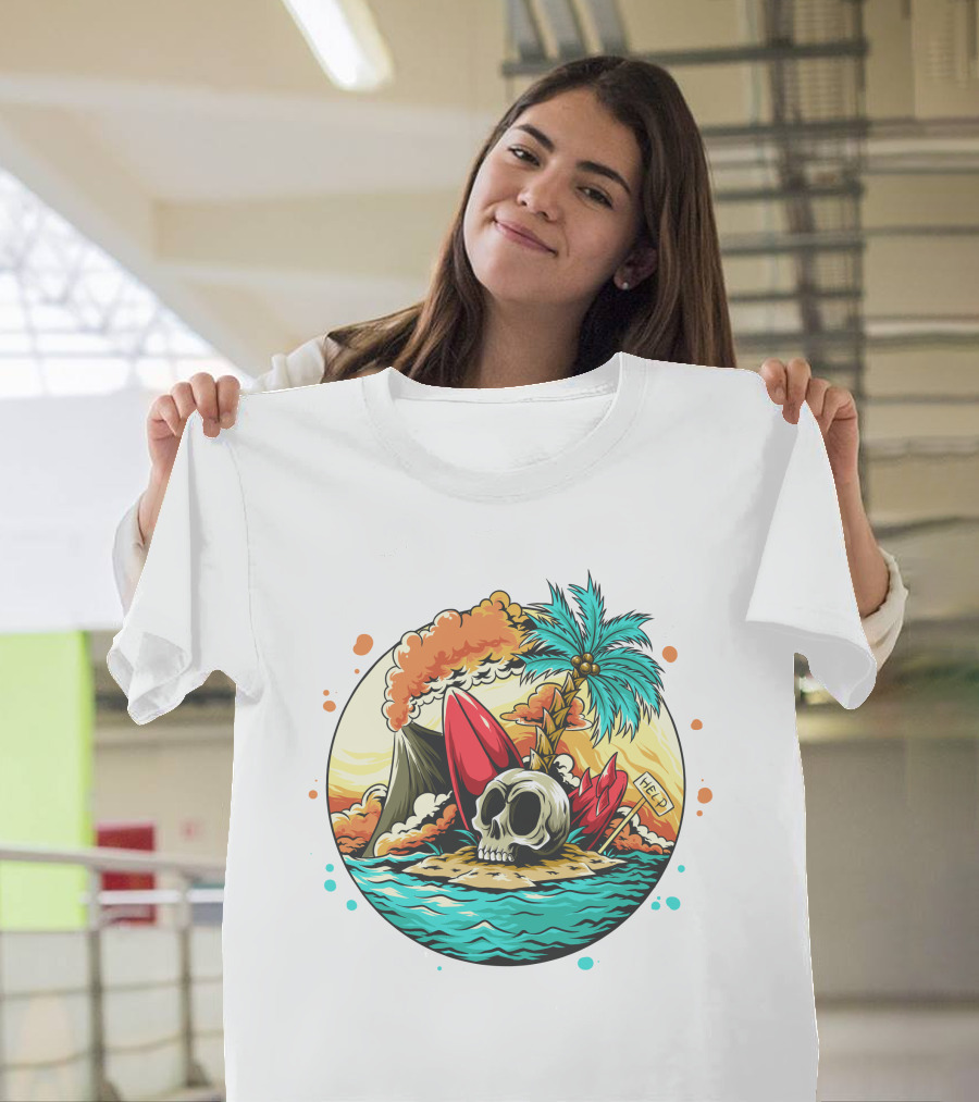 Summer Skull Island Paradise With Palm And Volcano T-Shirt
