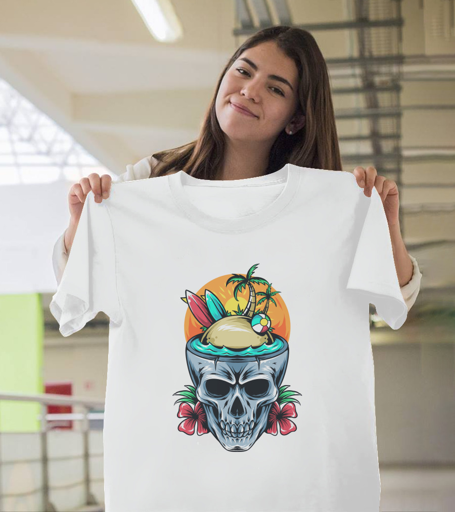 Summer Skull With Surfboards And Tropical Island T-Shirt