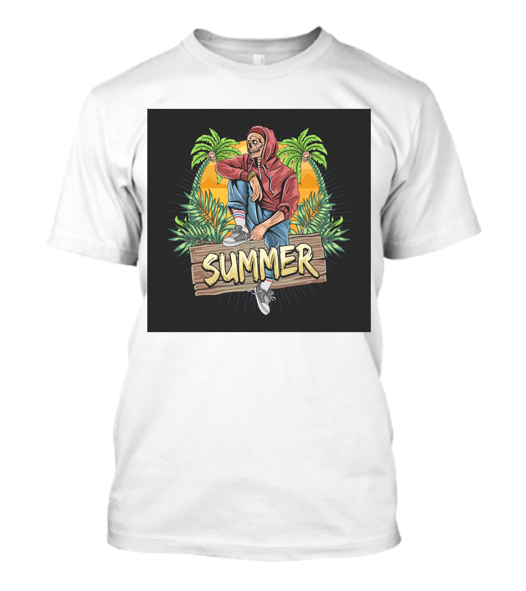 Skull Zombie Summer Tropical Vibes With Palm Trees And Sunset T-Shirt