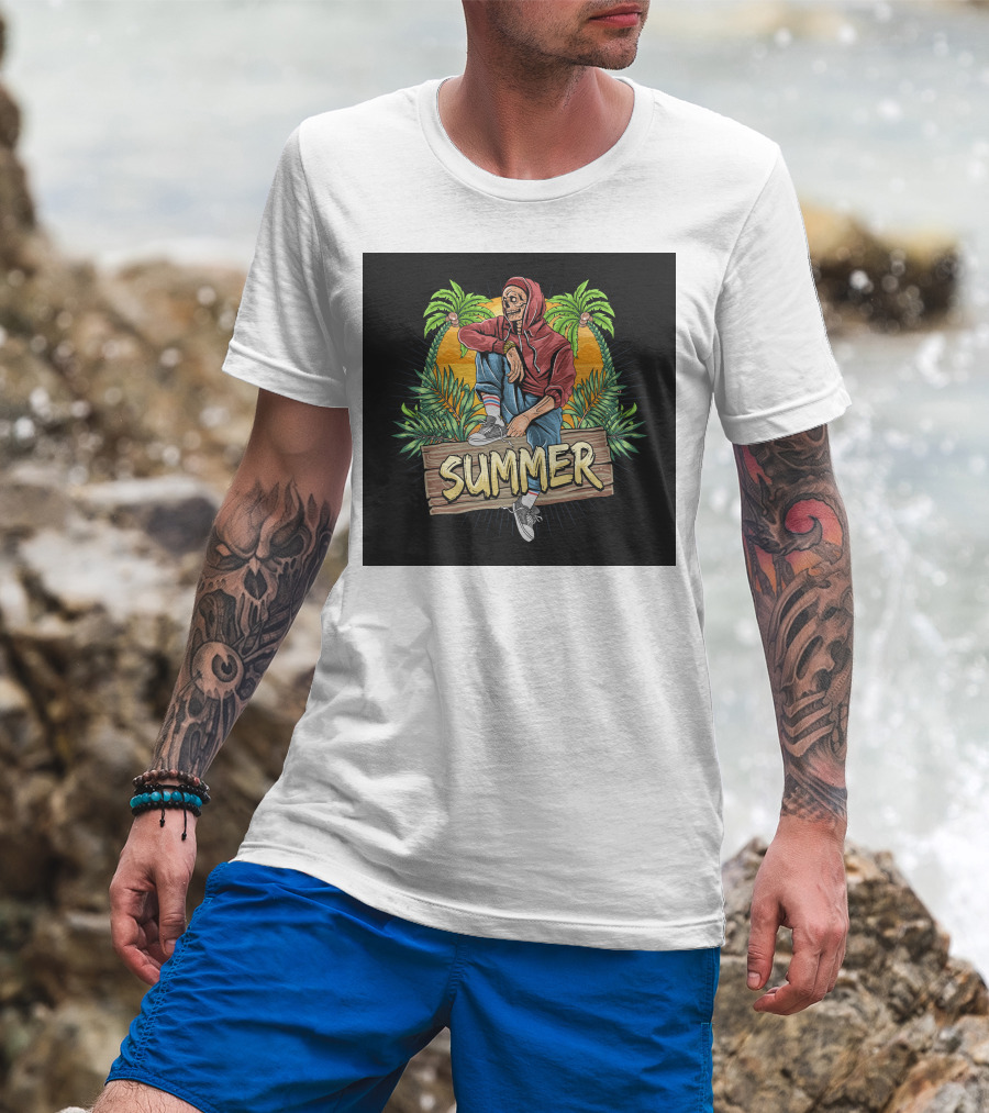 Skull Zombie Summer Tropical Vibes With Palm Trees And Sunset T-Shirt