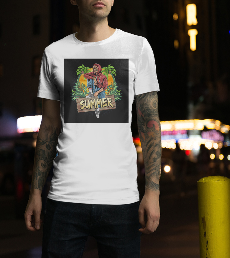 Skull Zombie Summer Tropical Vibes With Palm Trees And Sunset T-Shirt