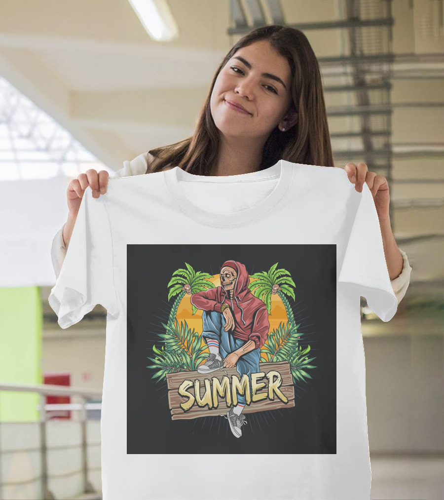 Skull Zombie Summer Tropical Vibes With Palm Trees And Sunset T-Shirt