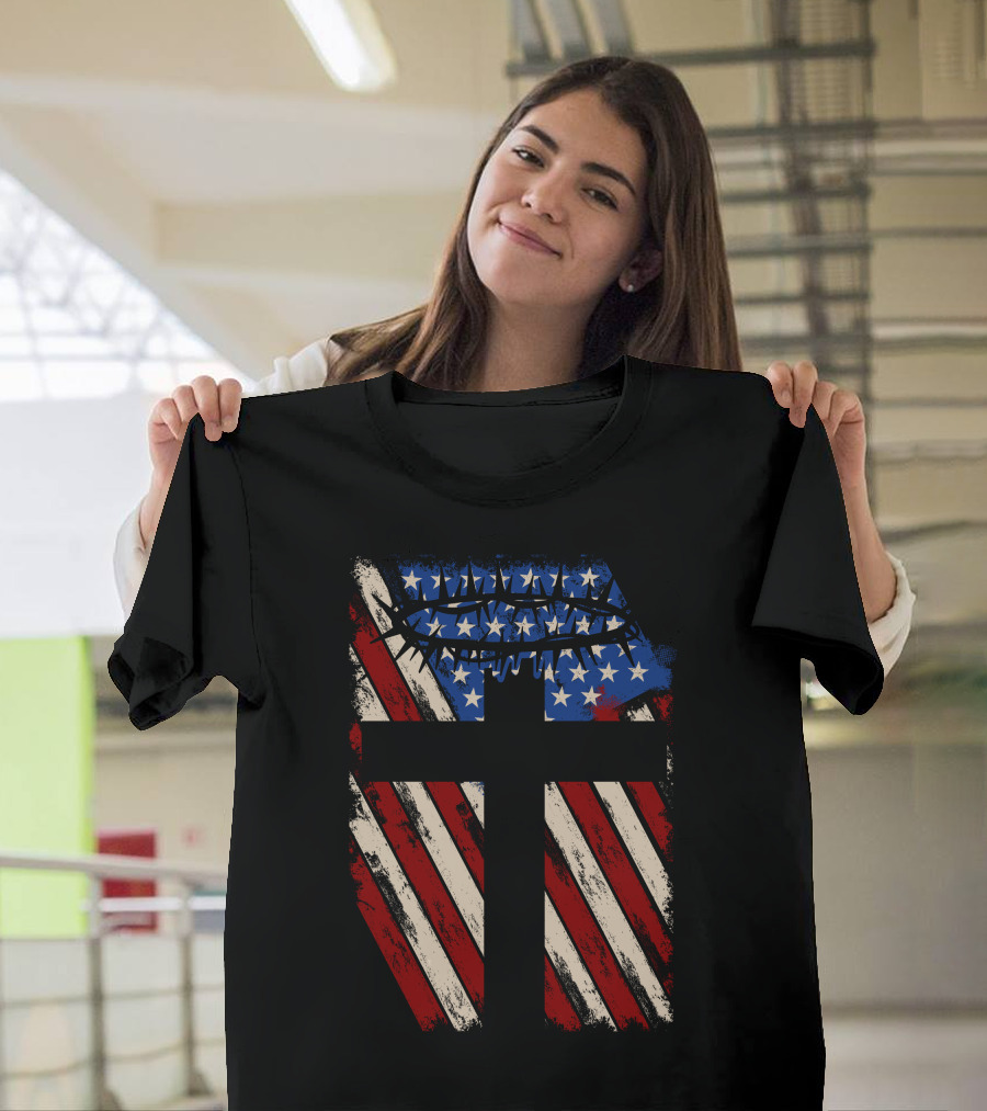 God Protect America American Flag Cross With Crown Of Thorns T-Shirt