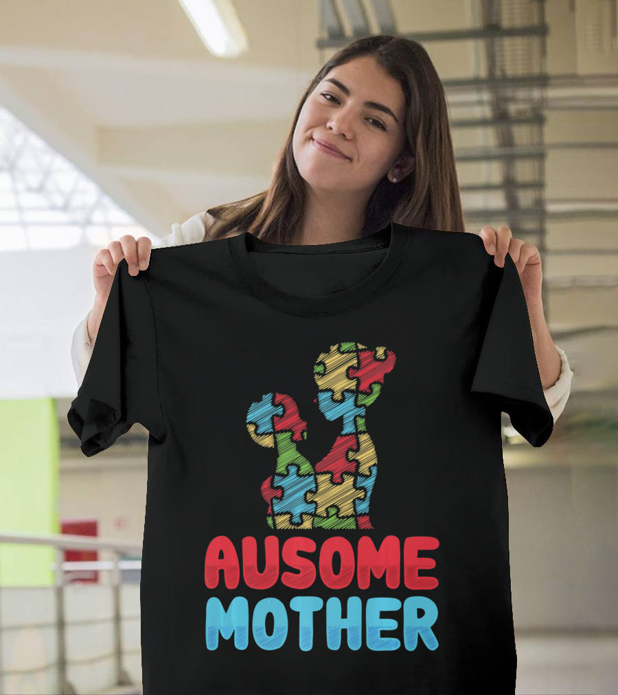 Ausome Mother Colorful Puzzle Piece Autism Awareness T-Shirt