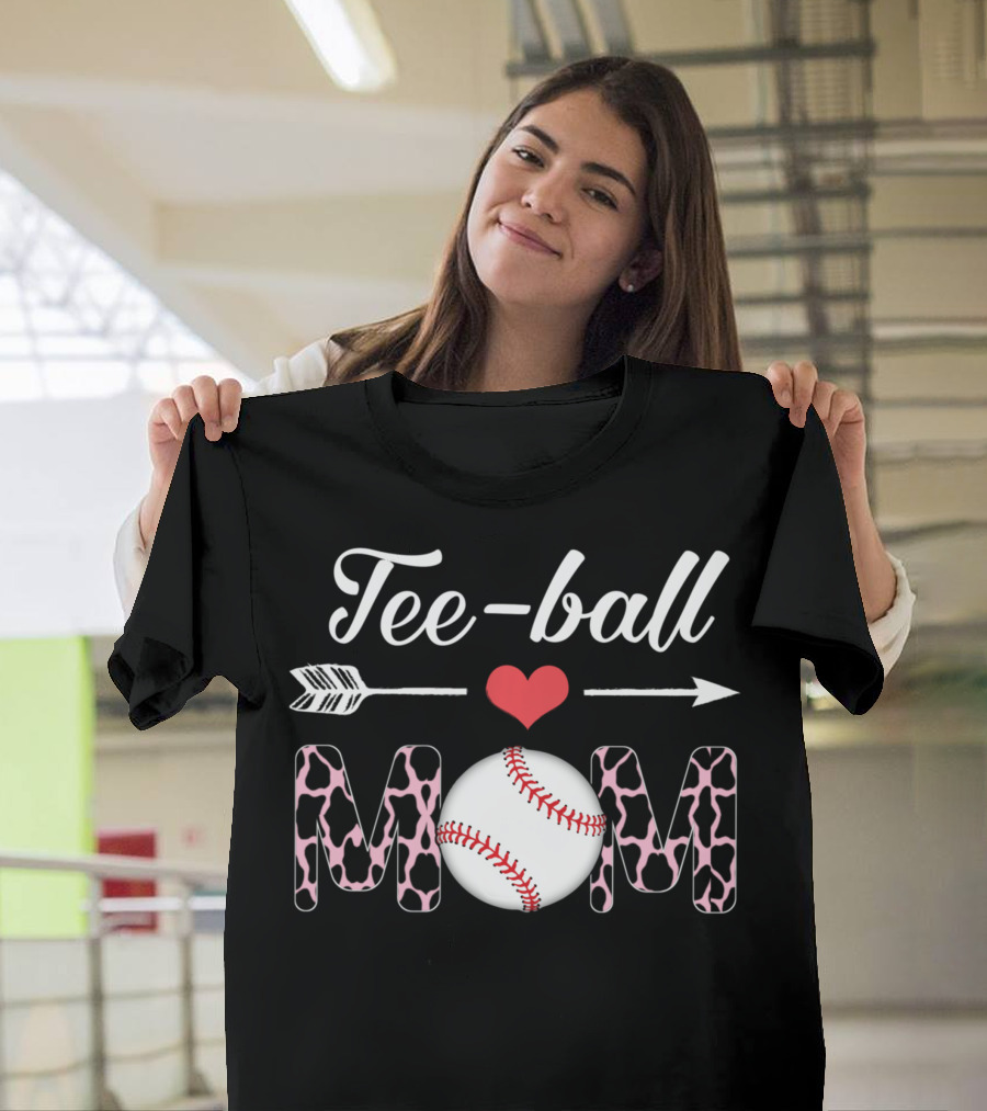 Tee-Ball Mom Heart Arrow Baseball Cow Print T-Shirt