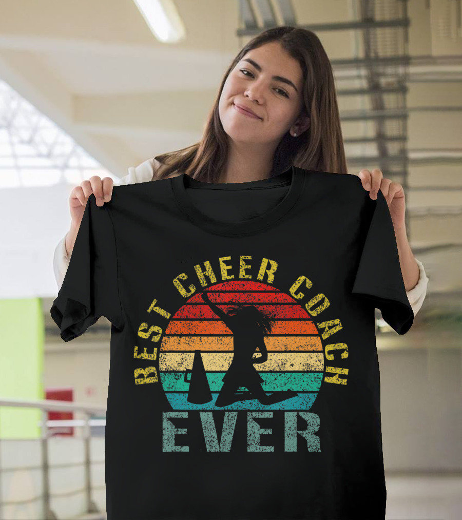 Best Cheer Coach Ever Vintage Silhouette With Megaphone And Sunset Stripes T-Shirt
