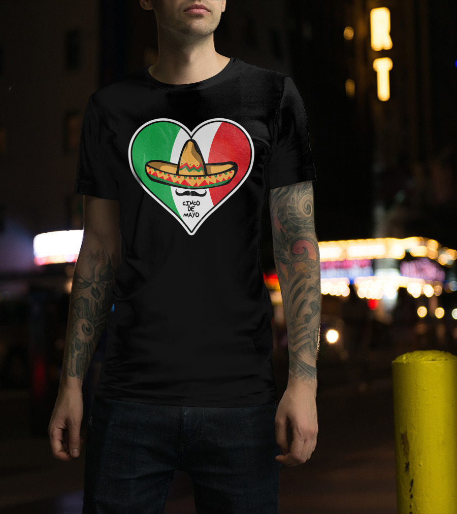 Cinco De Mayo Vintage Sombrero Heart Mexican Flag T-Shirt