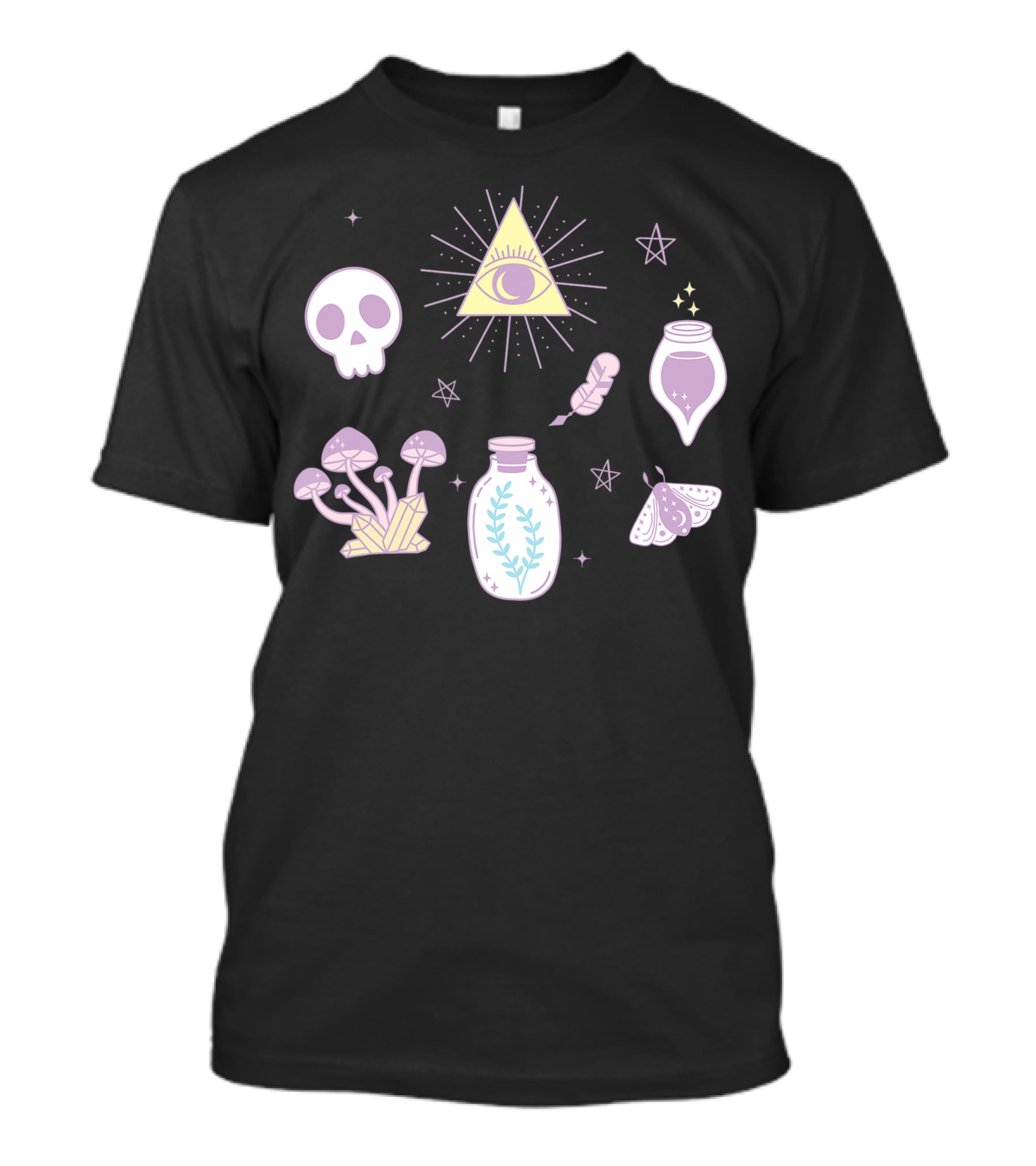 Cute Creepy Pastel Kawaii Goth Witch Aesthetic With Skull Pyramid Mushrooms And Potion Elements T-Shirt