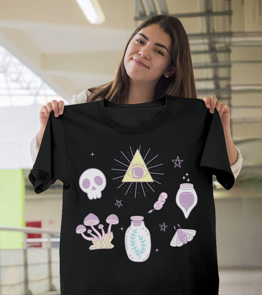 Cute Creepy Pastel Kawaii Goth Witch Aesthetic with Skull Pyramid Mushrooms and Potion Elements T-Shirt