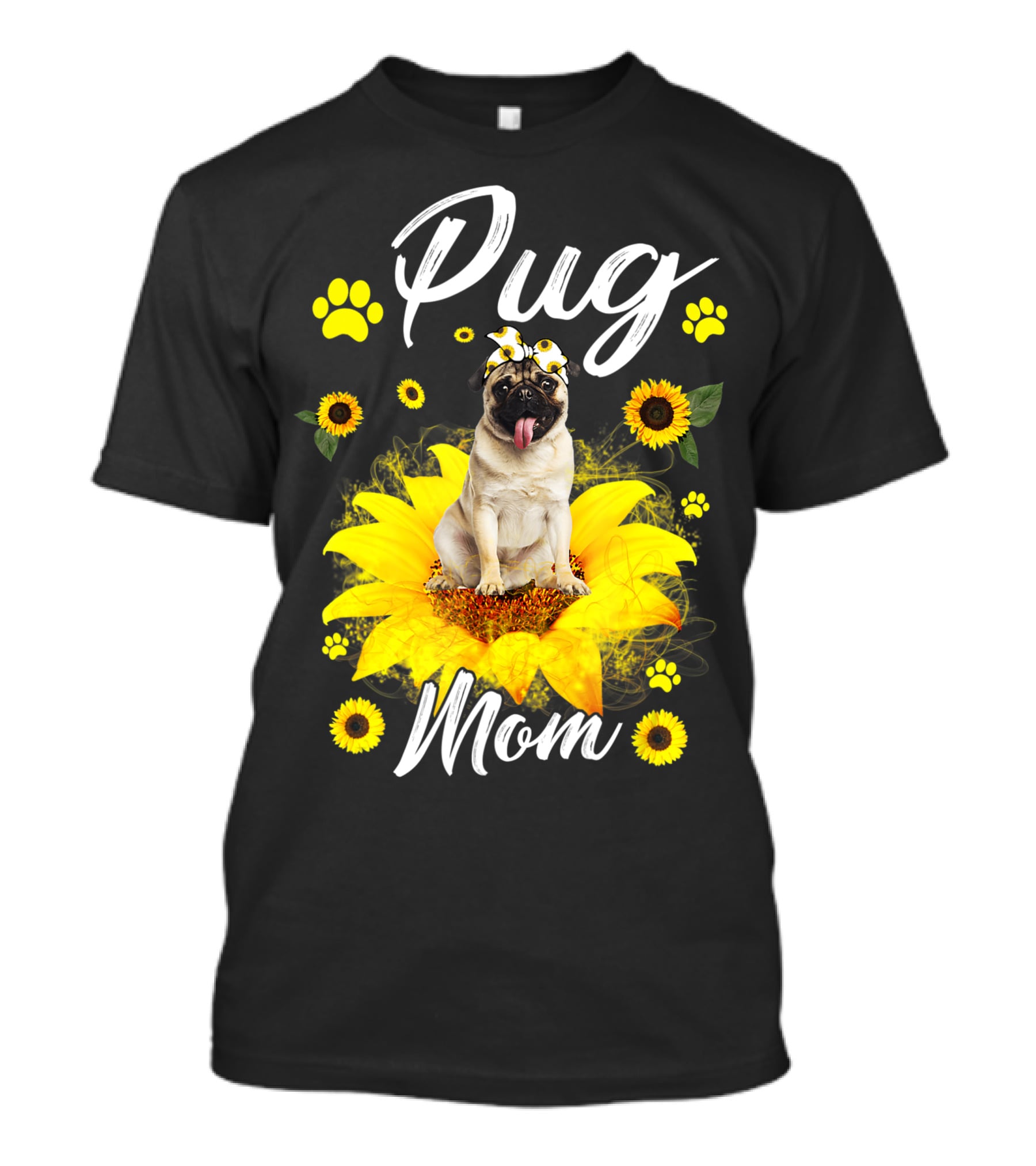 Pug Mom Sunflower Dog Paw Graphics T-Shirt