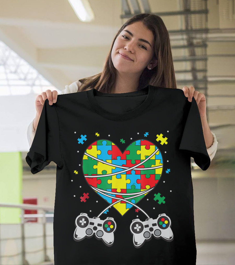 Boys Autism Awareness Month Puzzle Heart Video Game Controllers T-Shirt