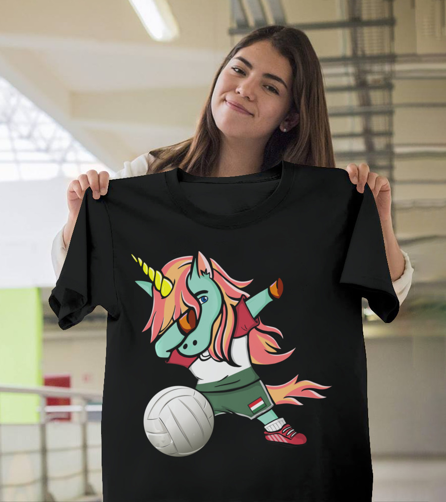 Dabbing Unicorn Hungarian Volleyball Lovers With Flag Jersey T-Shirt