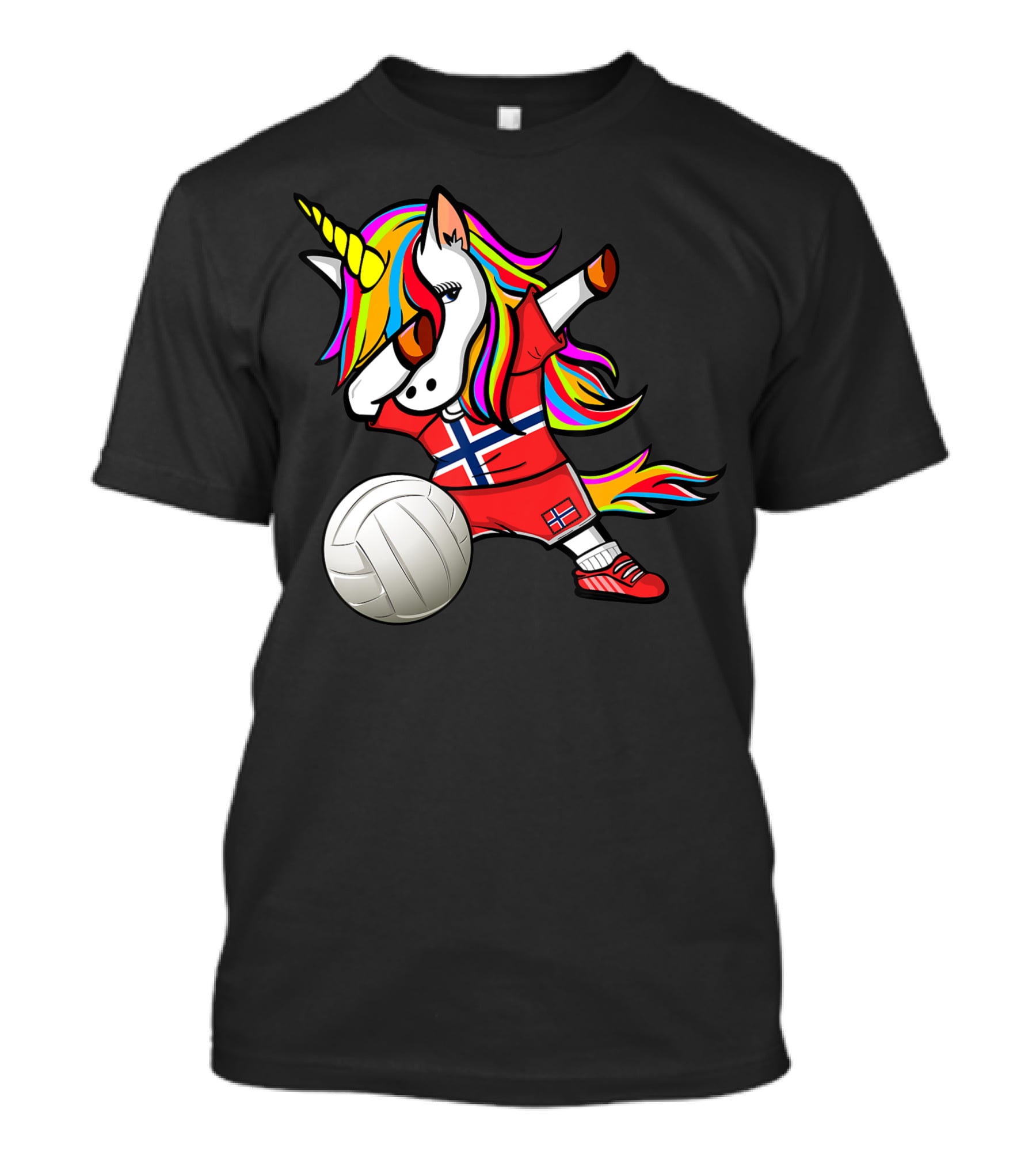 Dabbing Unicorn Norway Volleyball Fans Norwegian Flag Rainbow Jersey T-Shirt