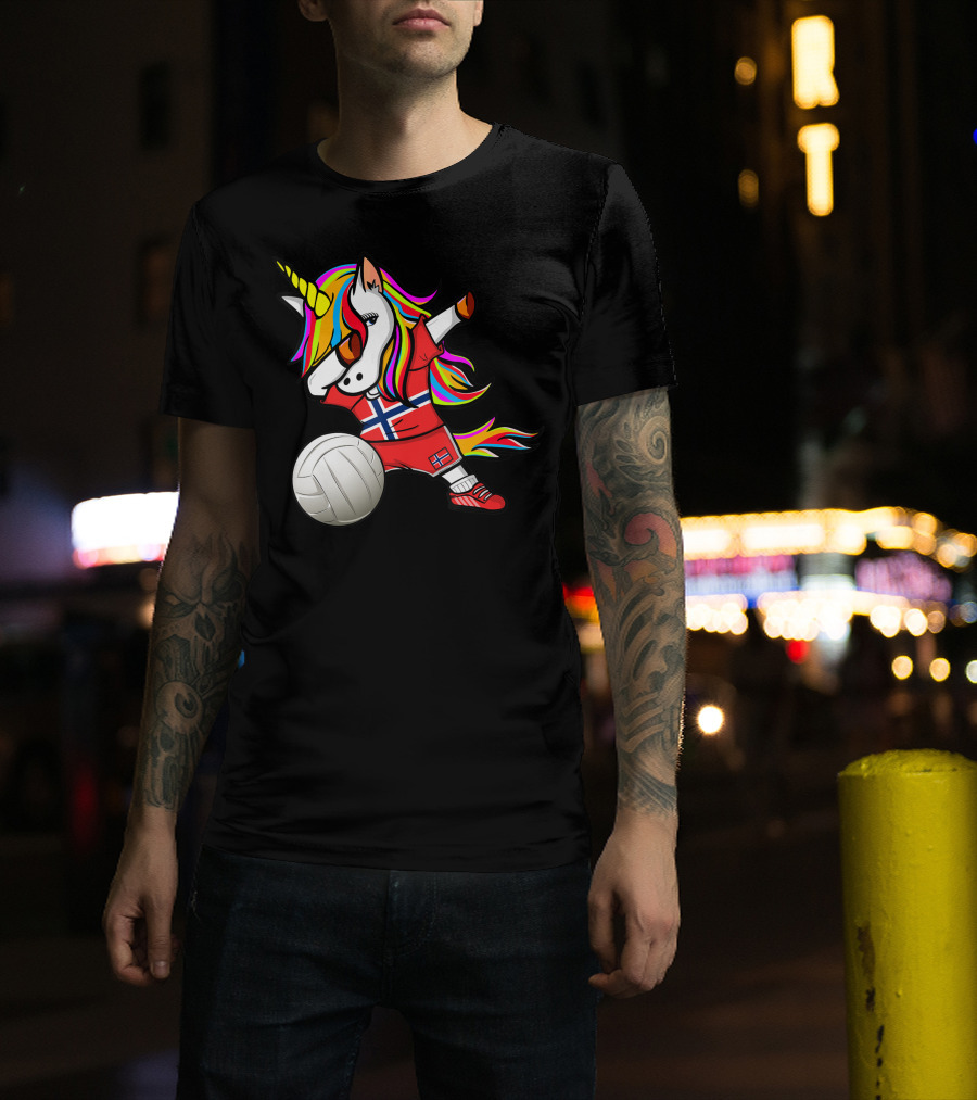 Dabbing Unicorn Norway Volleyball Fans Norwegian Flag Rainbow Jersey T-Shirt