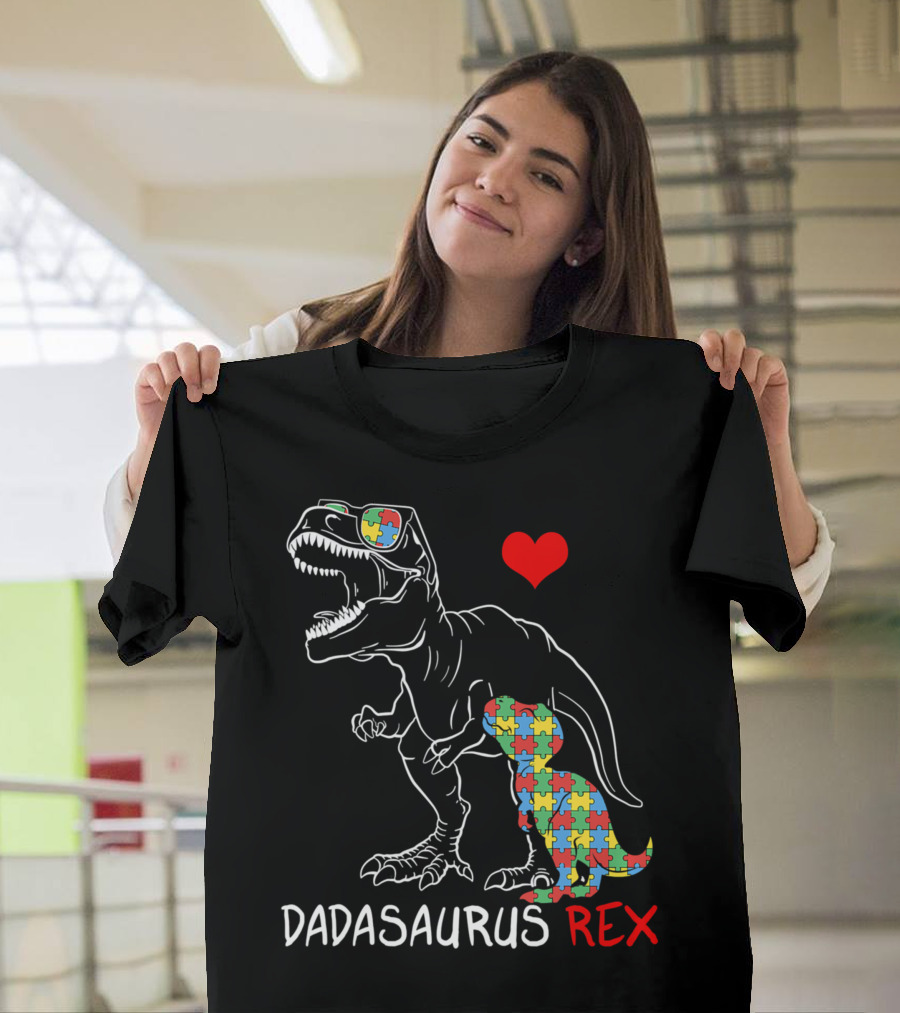 Dadasaurus Rex Heart Puzzle Autism Awareness Daddy T-Shirt