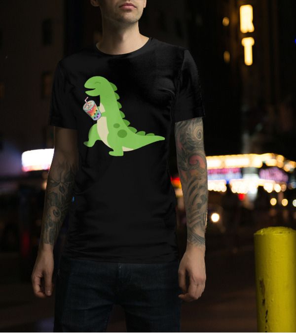 Dino Drinking Bubble Tea With Colorful Boba T-Shirt