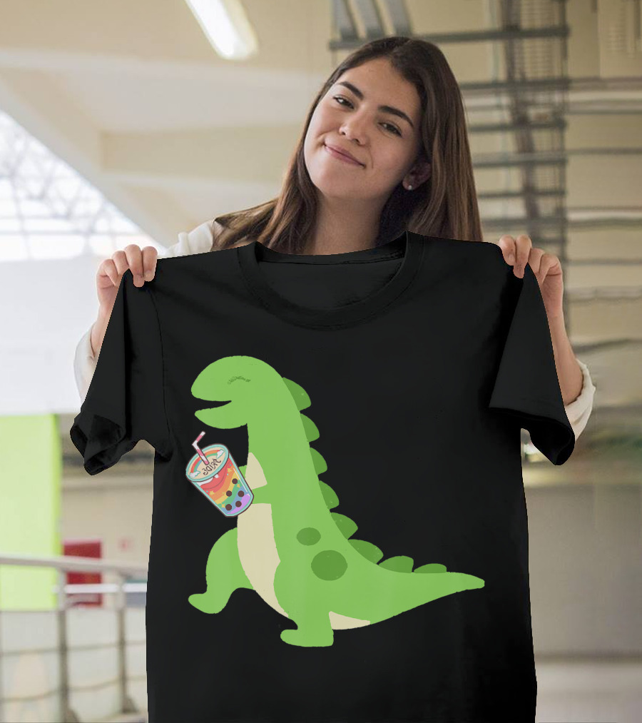 Dino Drinking Bubble Tea with Colorful Boba T-Shirt