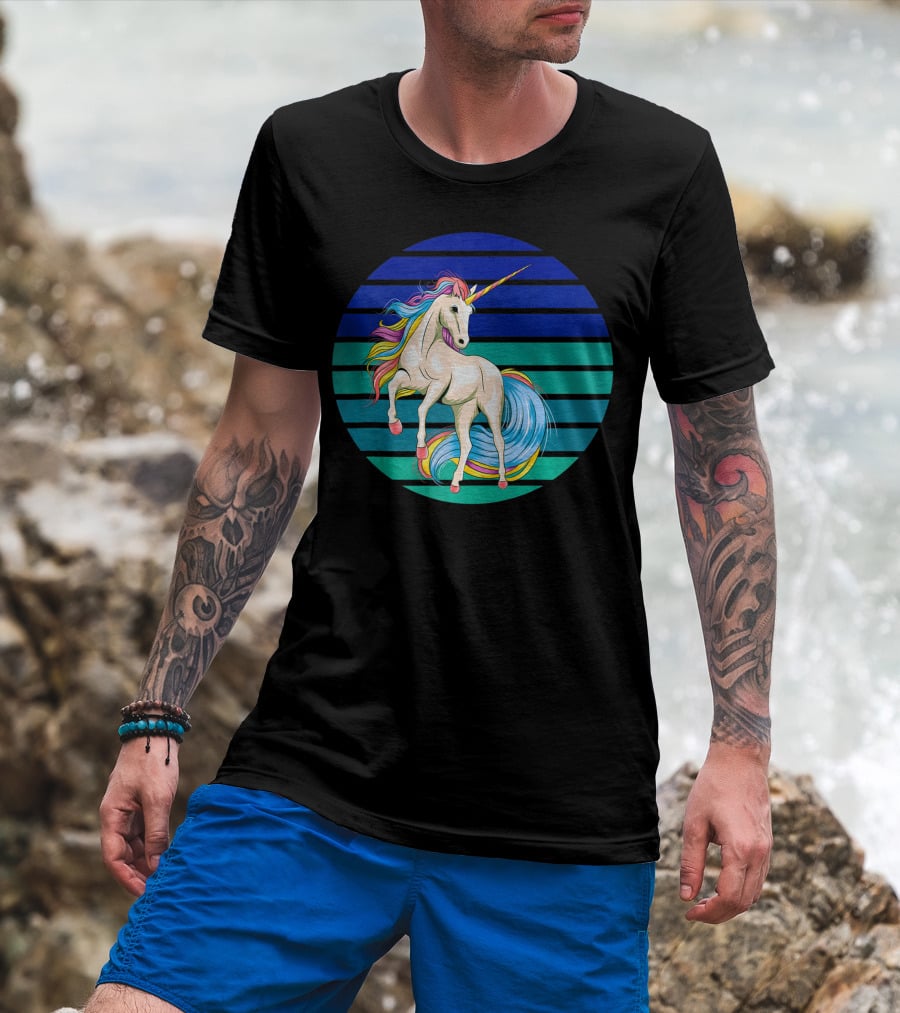Girls Unicorn Rainbow Striped Sunset T-Shirt