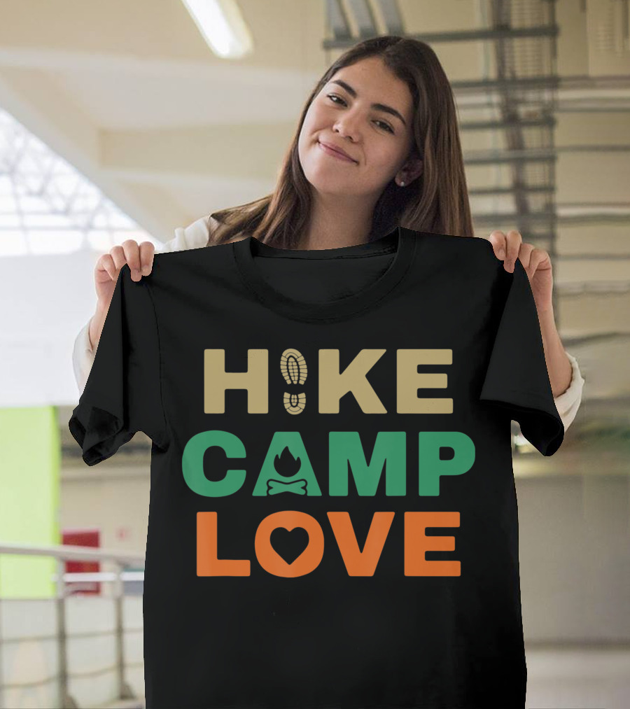 Hike Camp Love Boot Print Bonfire Heart Camping Hiking T-Shirt