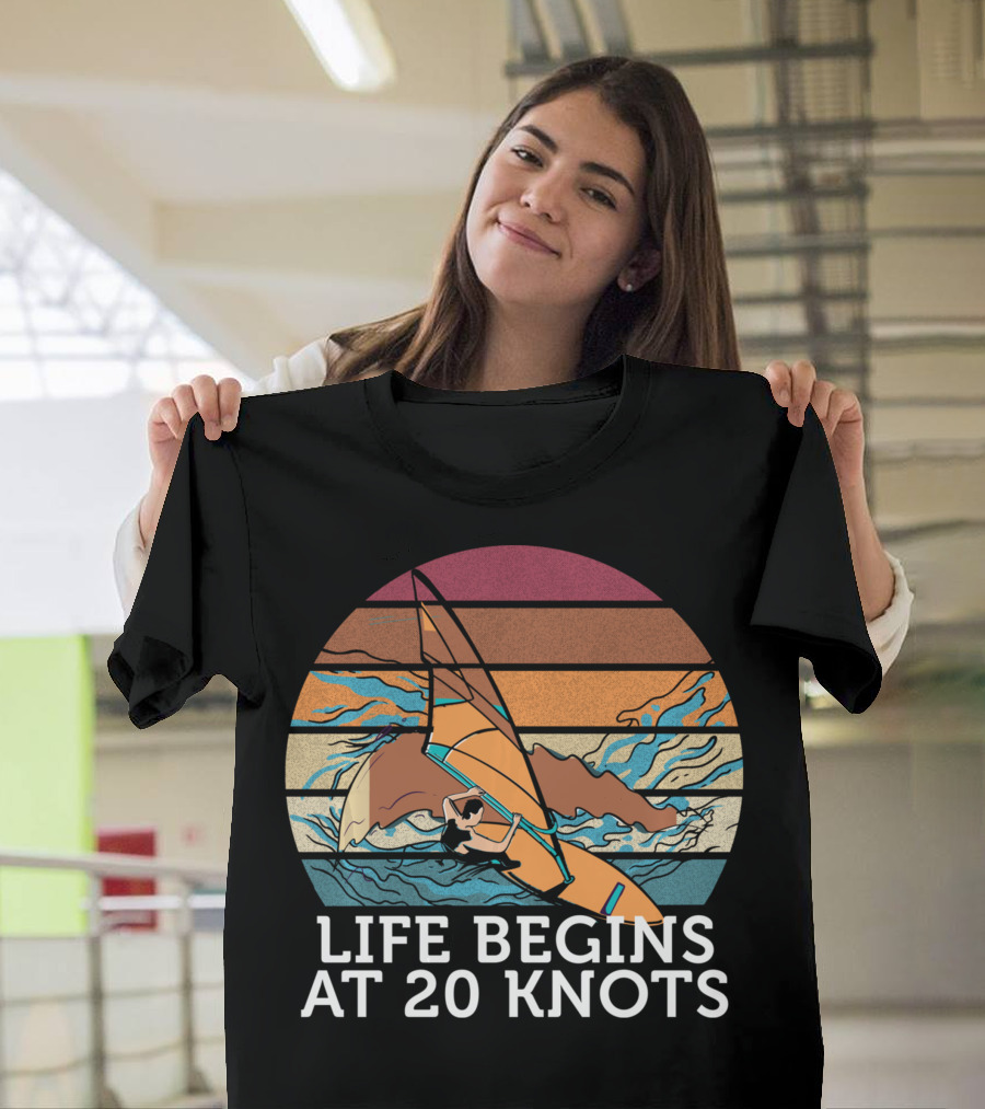 Life Begins at 20 Knots Vintage Sunset Beach Surfing Windsurfing Ocean Waves T-Shirt