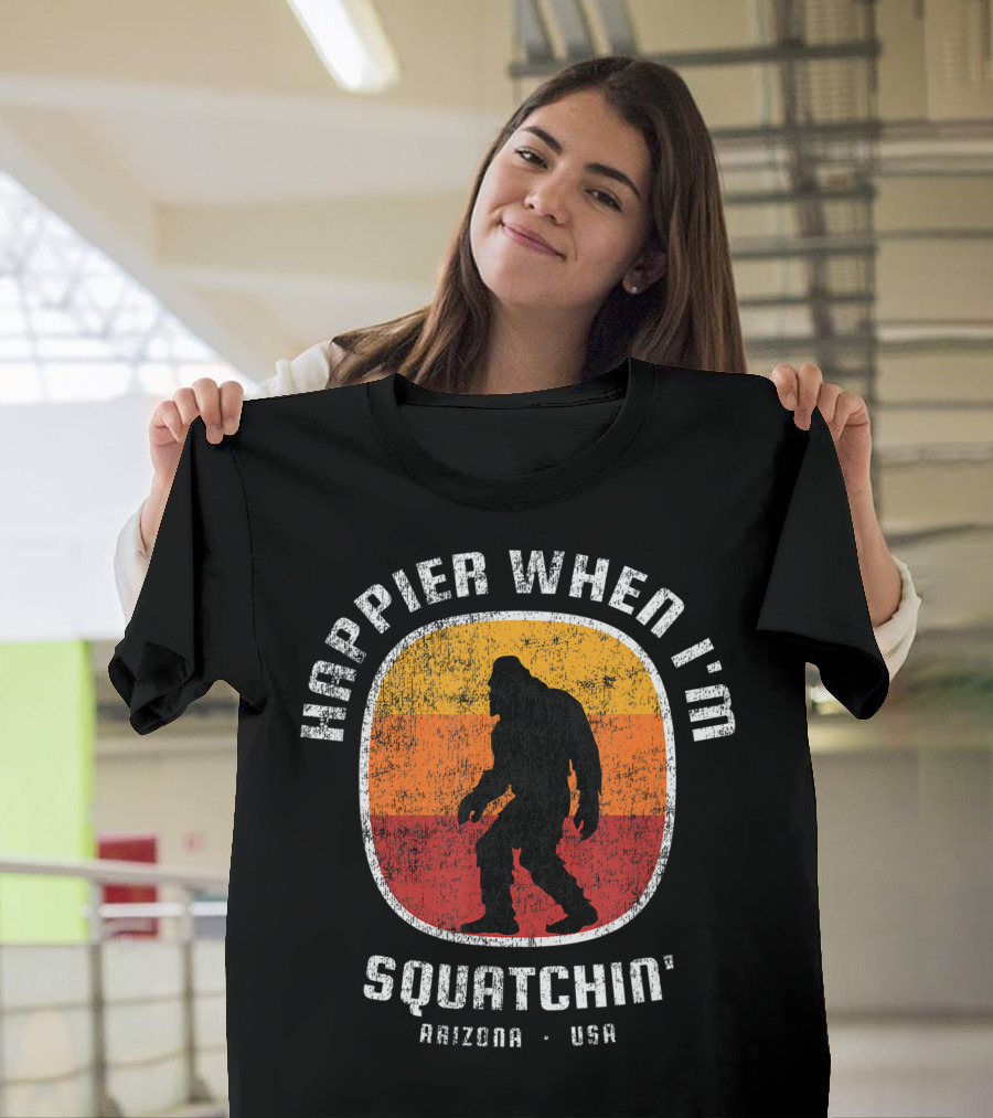 Happier When I'm Squatchin' Arizona USA Sasquatch Silhouette Retro Stripes T-Shirt