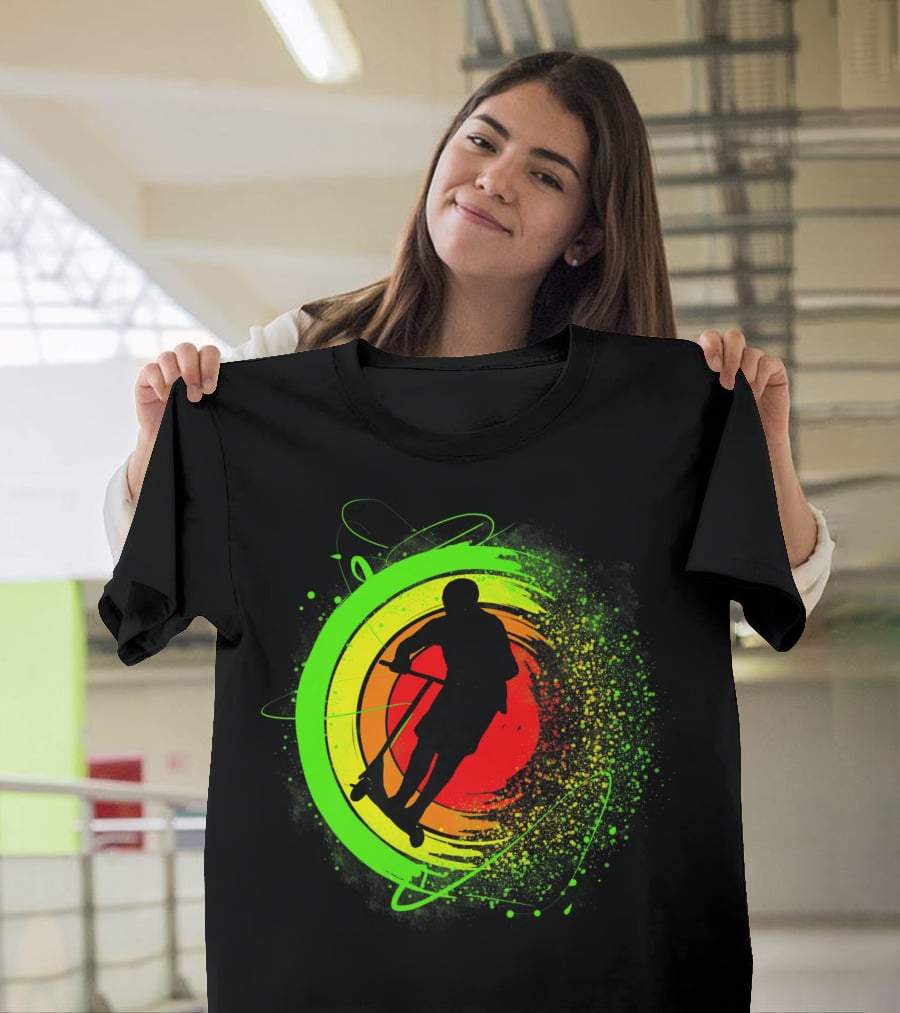 Scooter Stunt Action Silhouette In Vivid Circular Splash T-Shirt