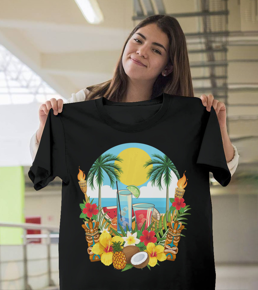 Tropical Sunset with Palm Trees and Exotic Drinks amidst Tiki Torches and Hibiscus Flowers T-Shirt
