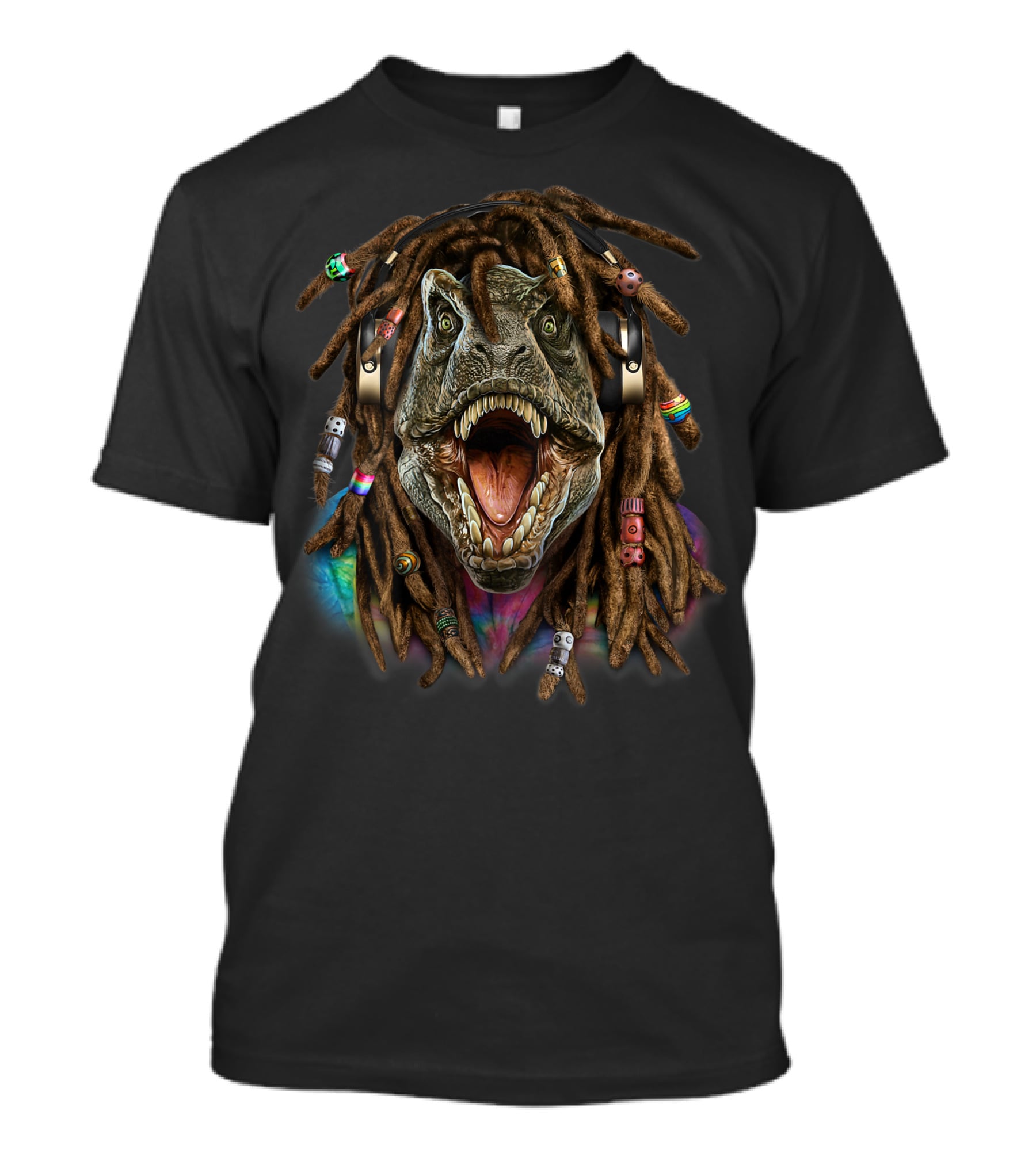 Tyrannosaurus Rex Dinosaur Reggae Dreadlocks Headphones Tie-Dye T-Shirt