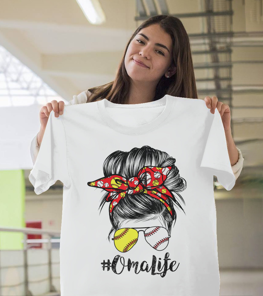 OmaLife Messy Bun Hair Softball Baseball Sunglasses T-Shirt