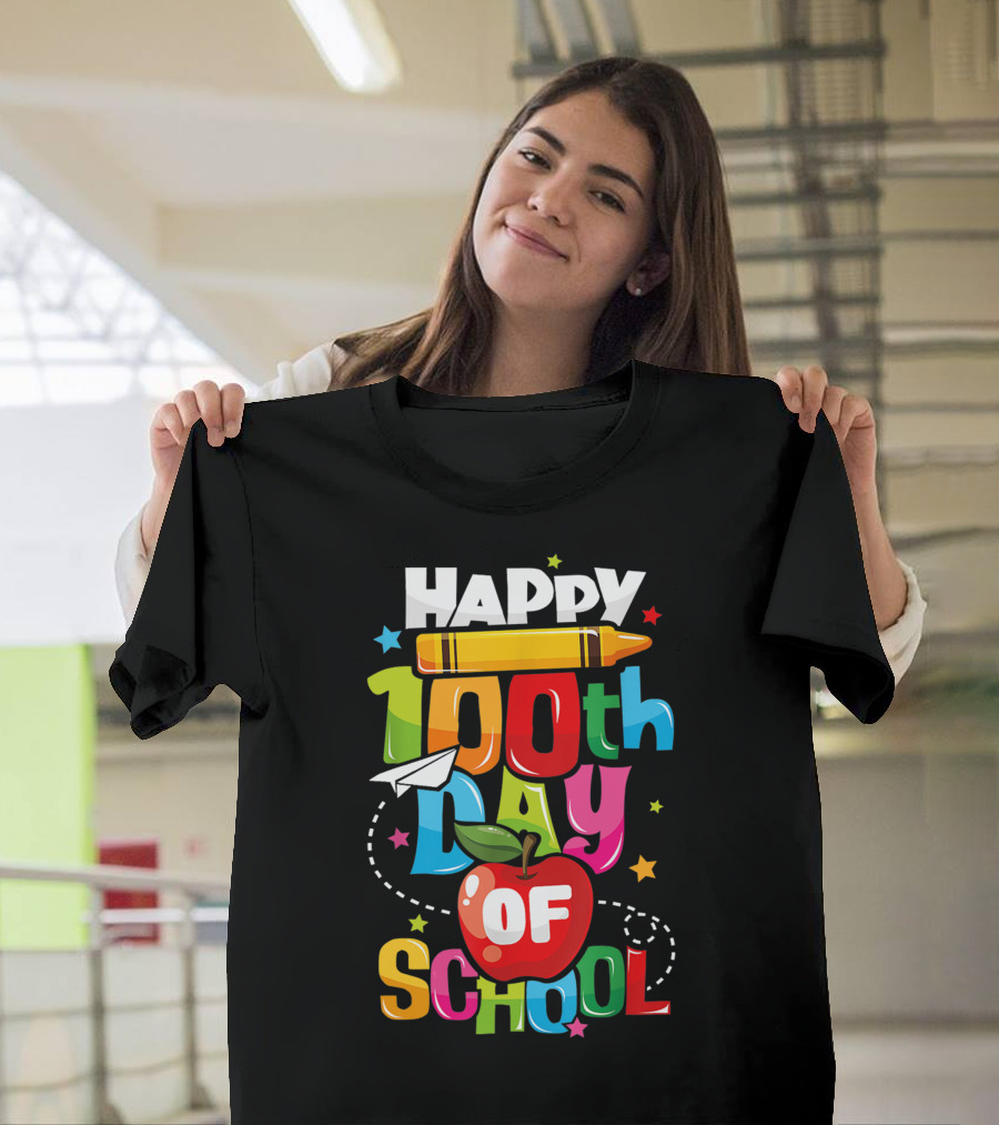 Happy 100th Day of School Teachers Kids Child Colorful Letters Crayon Apple T-Shirt