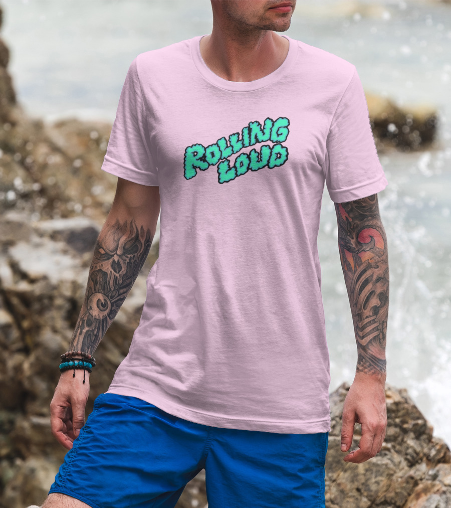 Rolling Loud Puffy Text Design On Pastel Pink Background T-Shirt