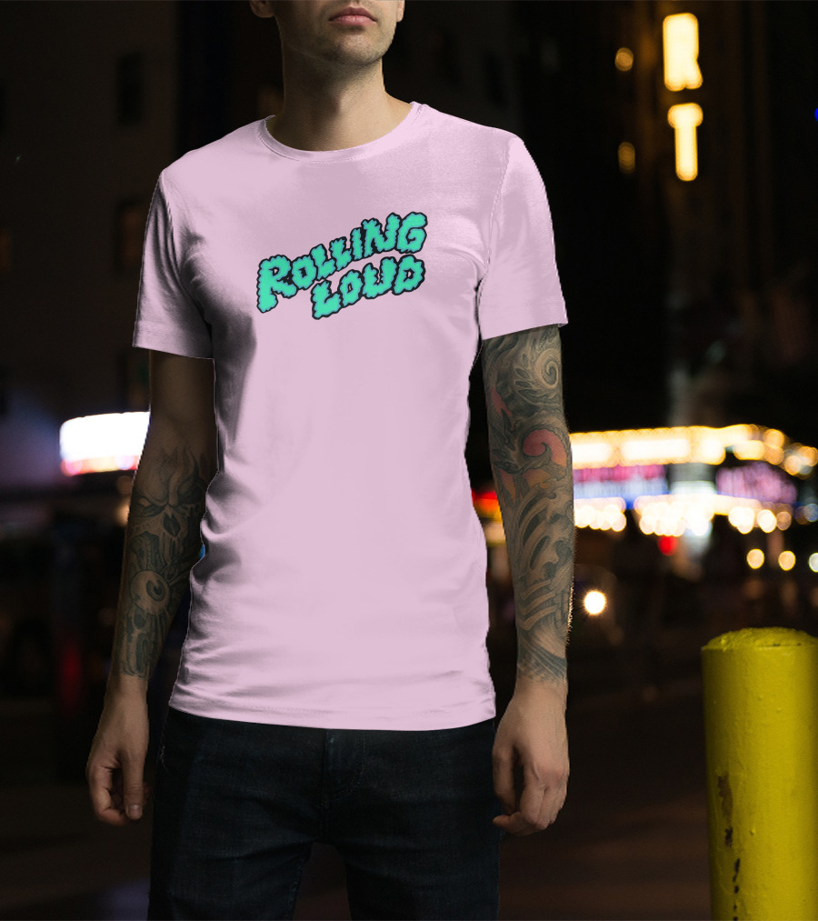 Rolling Loud Puffy Text Design On Pastel Pink Background T-Shirt