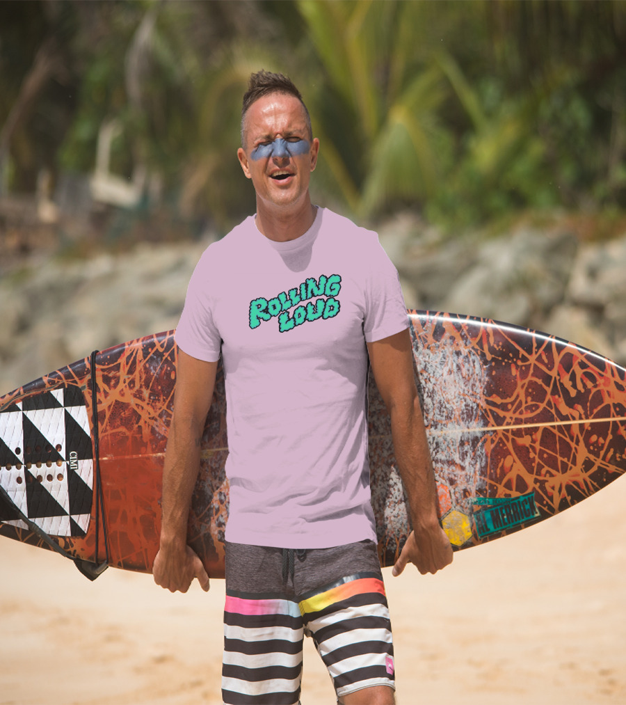 Rolling Loud Puffy Text Design On Pastel Pink Background T-Shirt