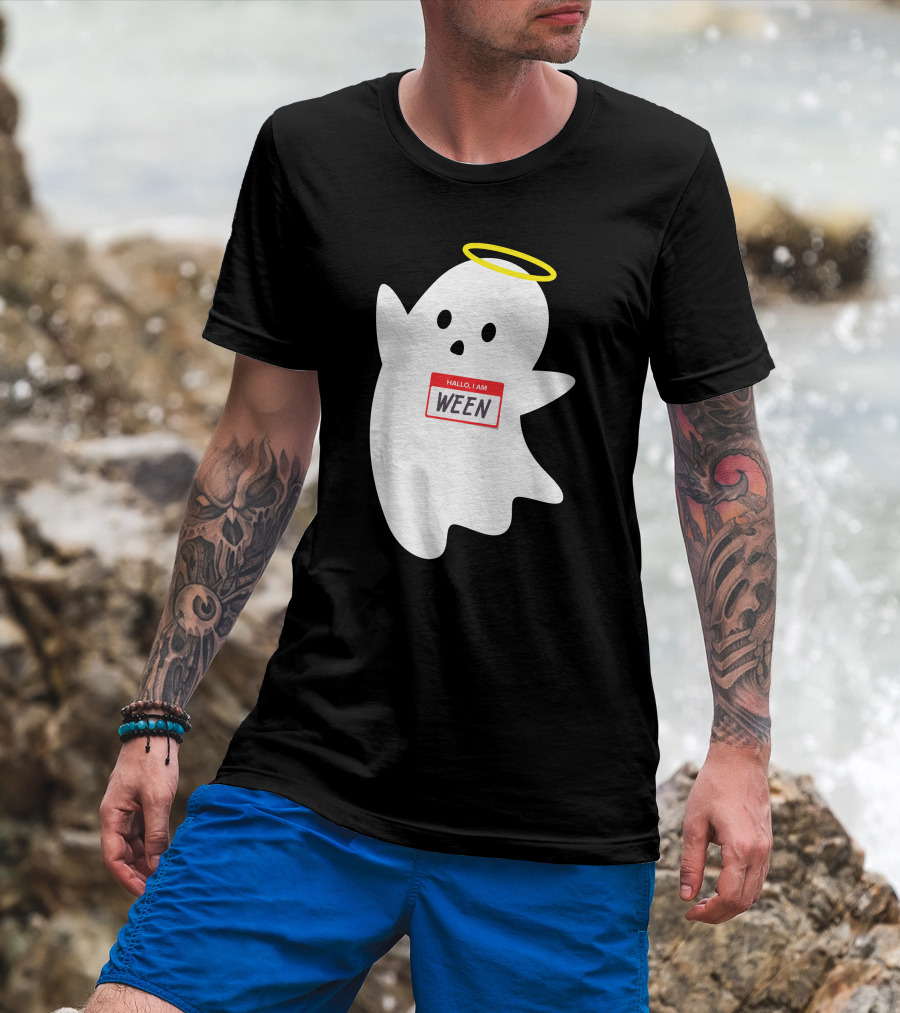 Wholesome Hallo I Am Ween Ghost With Halo And Nametag T-Shirt