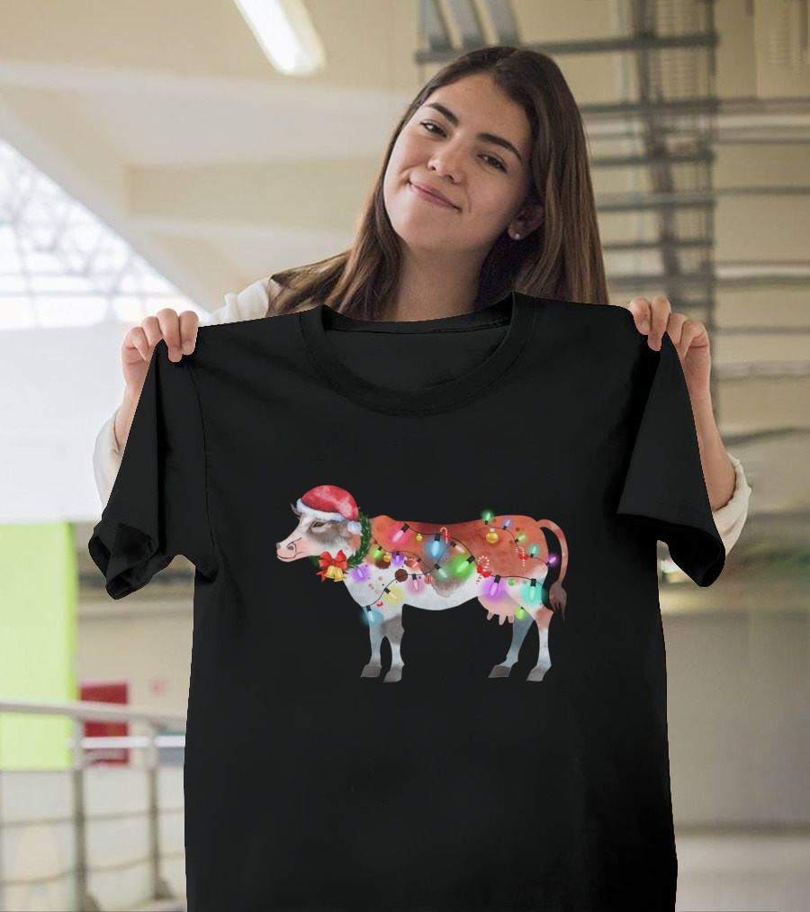 Christmas Lights Santa Hat Cow Festive Holiday T-Shirt