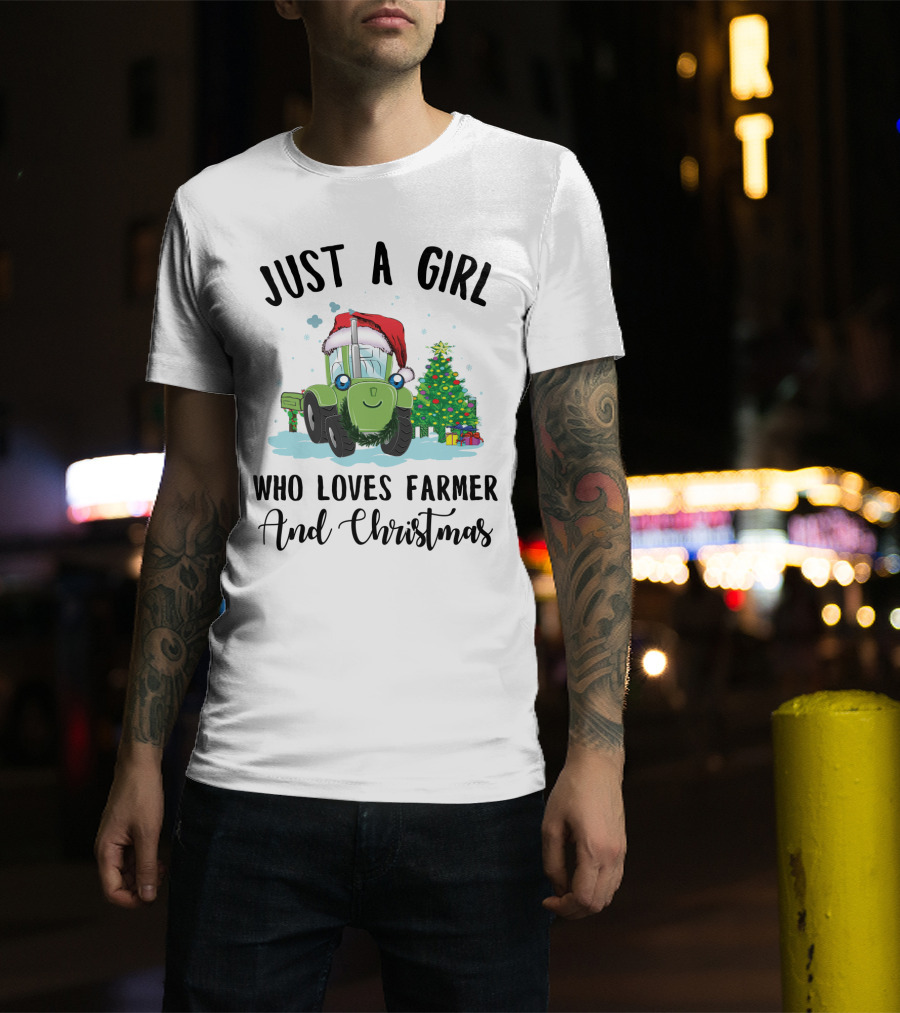 Just A Girl Who Loves Farmer And Christmas With Santa Hat Tractor And Christmas Tree T-Shirt