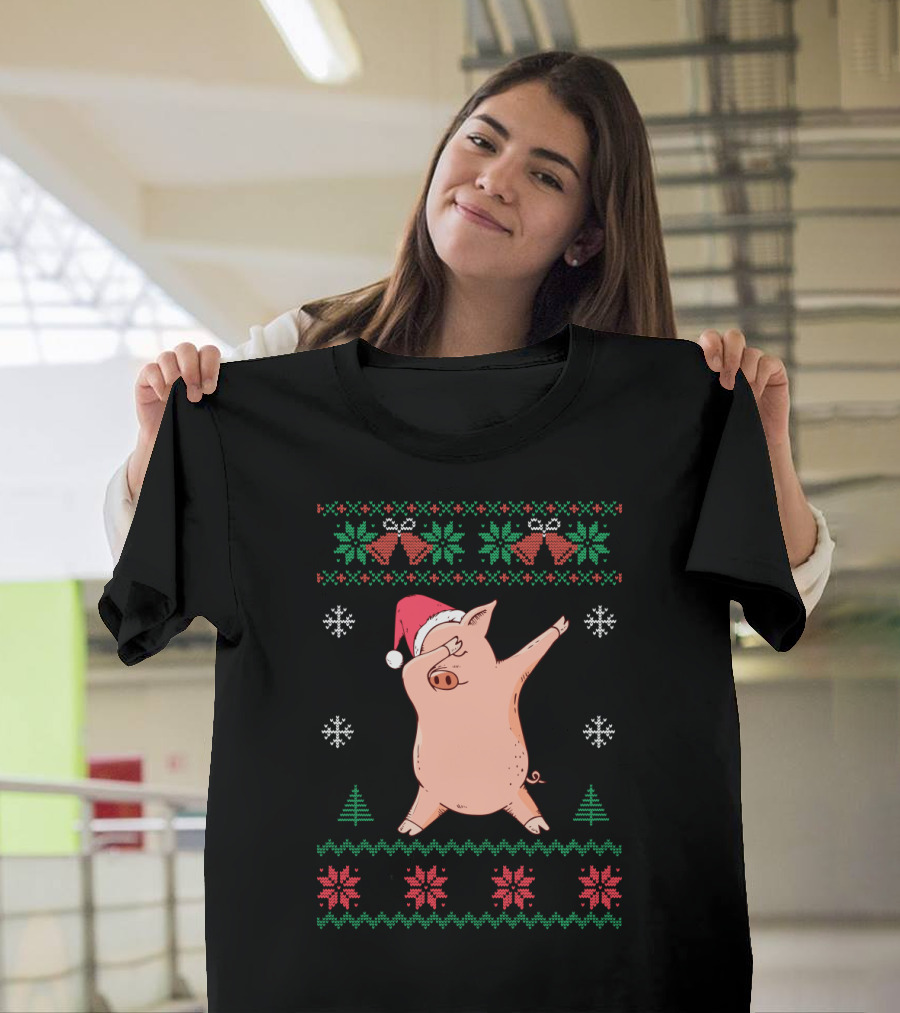 Pigs Dabbing Santa Hat Ugly Christmas Sweater Snowflake Festive T-Shirt