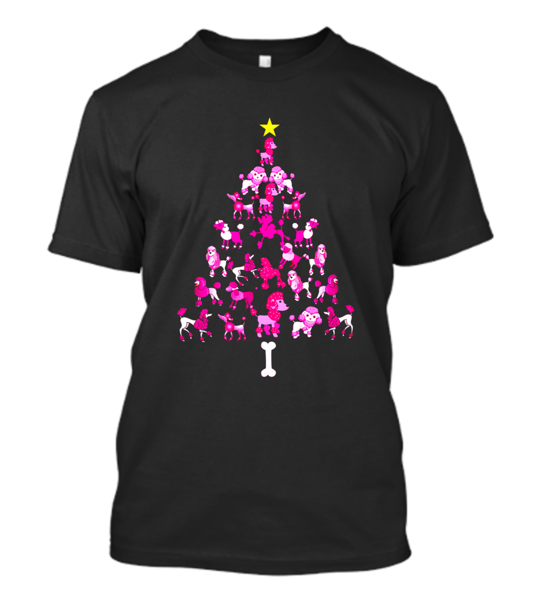 Poodles Dogs Forming Christmas Tree With Star And Bone Base T-Shirt