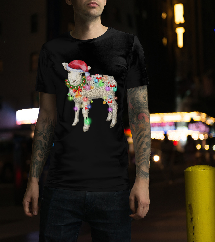 Christmas Sheep With Santa Hat And Holiday Lights T-Shirt