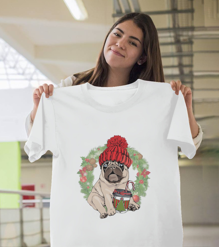 Festive Pug In Red Hat Holding Christmas Cup Surrounded By Holiday Wreath T-Shirt