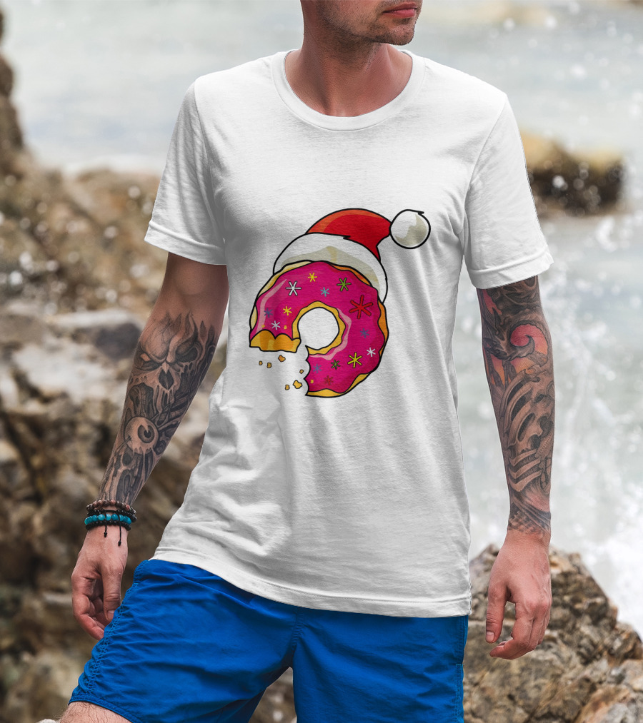 Santa Hat Candy Xmas Donut With Pink Frosting And Stars T-Shirt