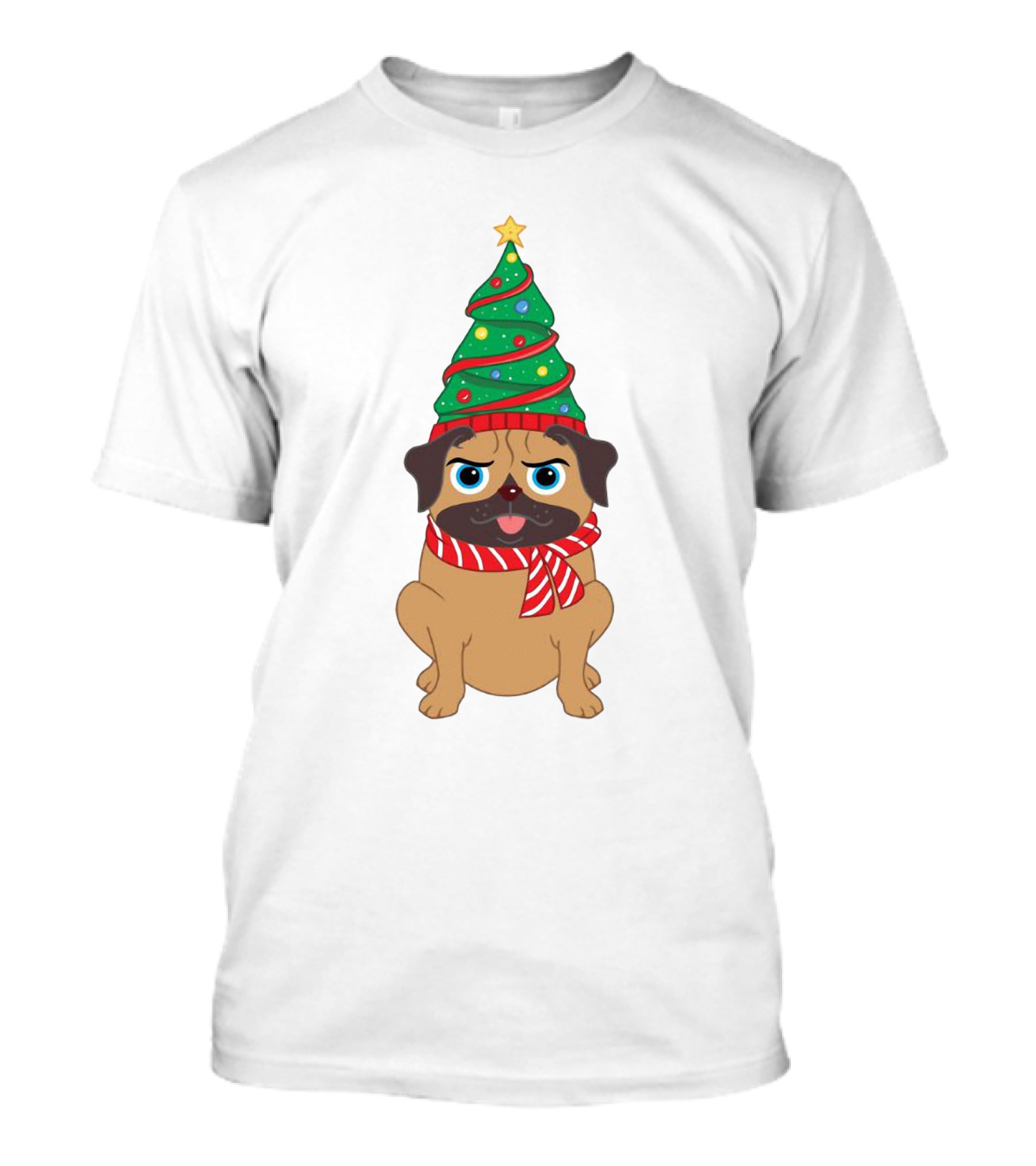 Snuggly Pug With Christmas Tree Hat And Festive Scarf Holiday T-Shirt