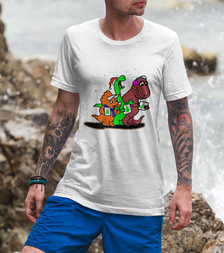 Dinosaur Trio Singing Christmas Carols With Festive Hats And Tree Cards T-Shirt